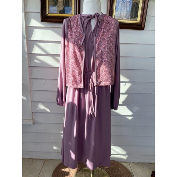 Vintage 1970s Sears Dress with Vest Mauve Poly knit Size 18 - Picture 15 of 16